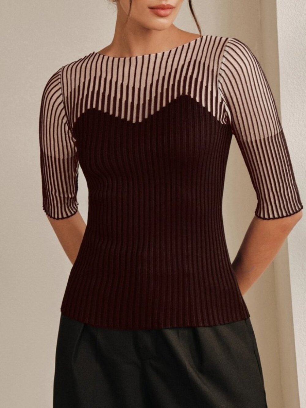 Brown Ribbed Knit Beige Illusion Yoke Slim Fit Elbow Sleeve Top